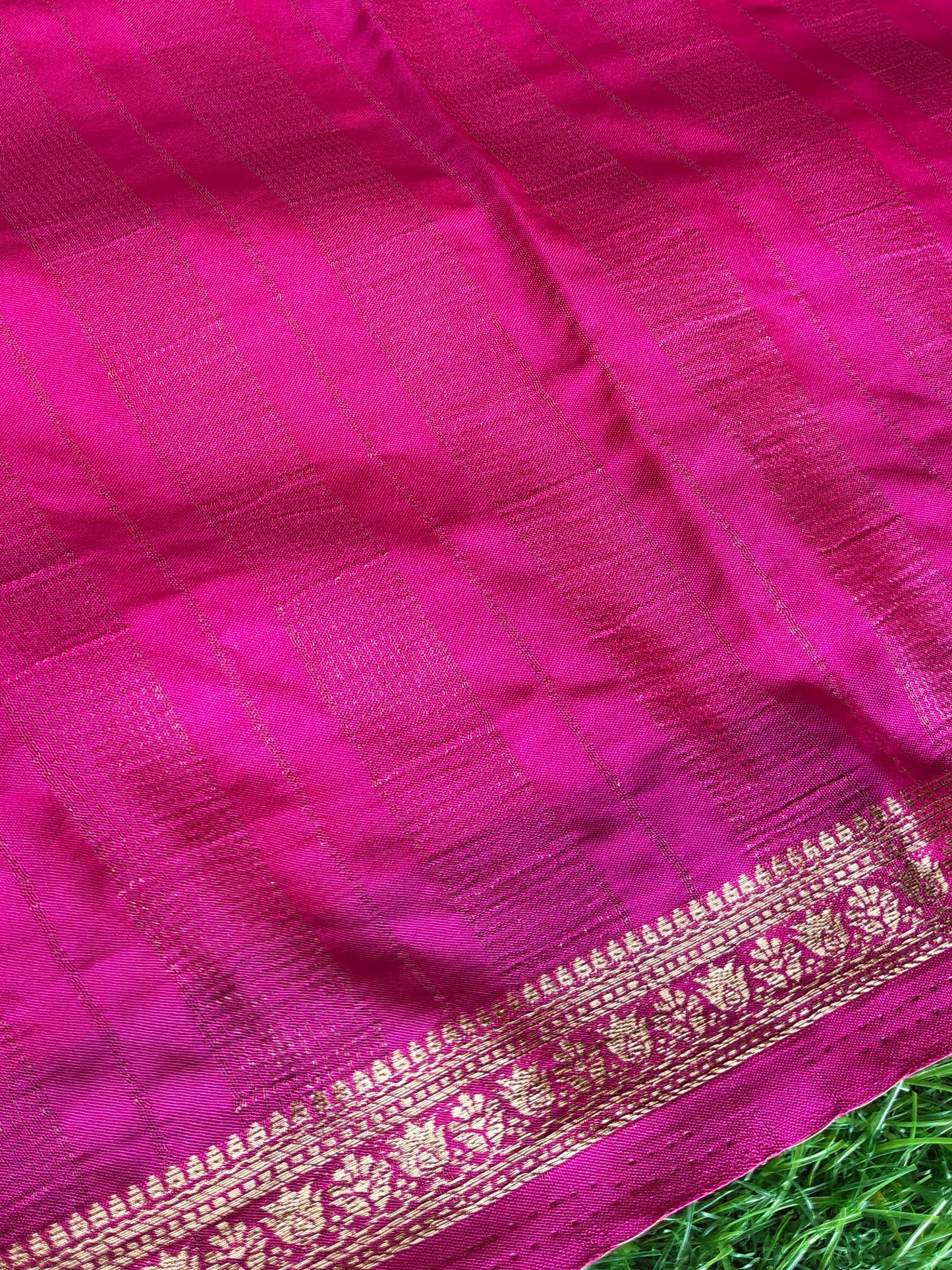 Rani Pink Color Semi Crepe Silk Saree With Slim Gold Border