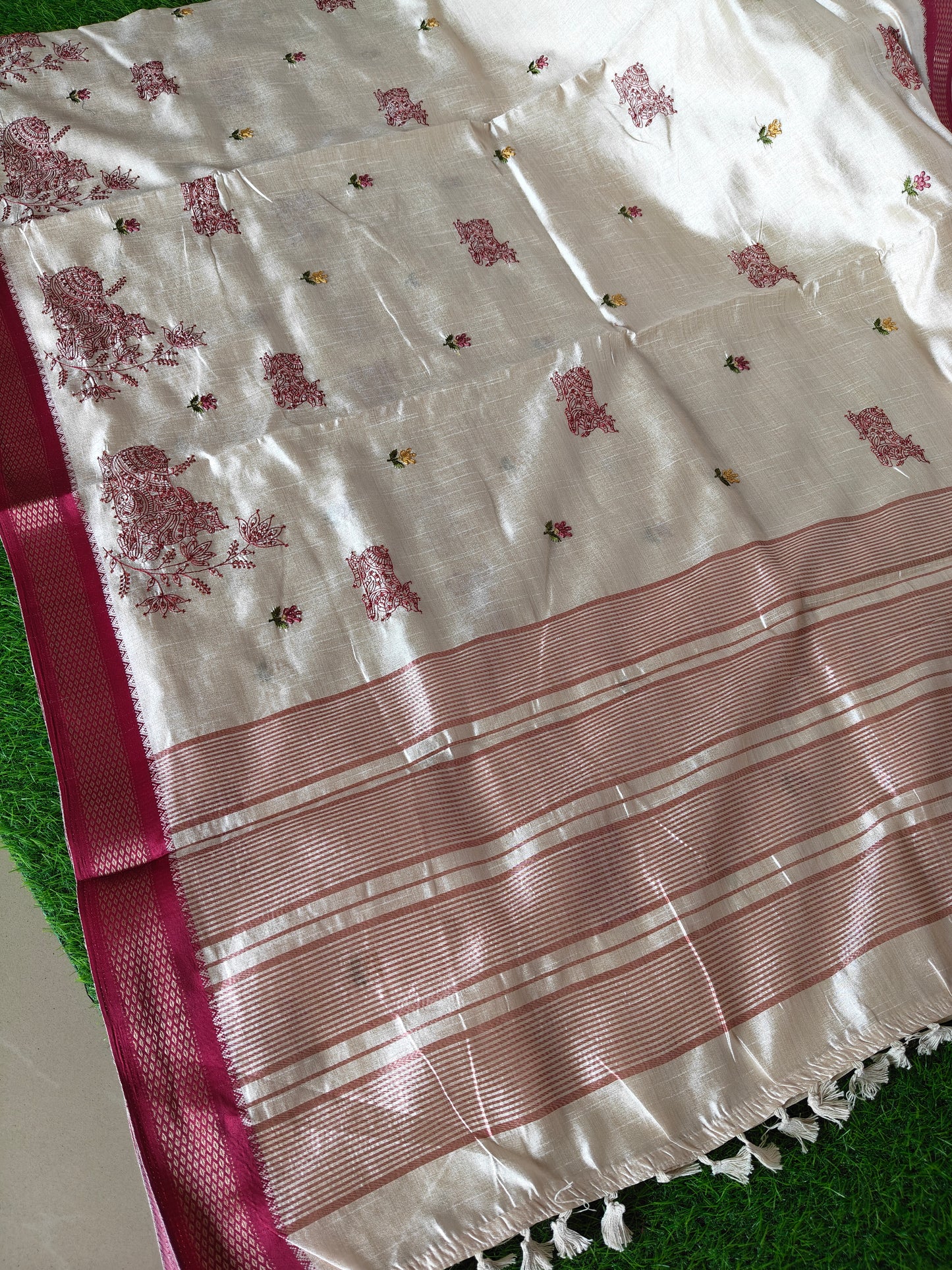 Cream Nandi Embroidered  Silk Saree
