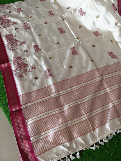 Cream Nandi Embroidered  Silk Saree