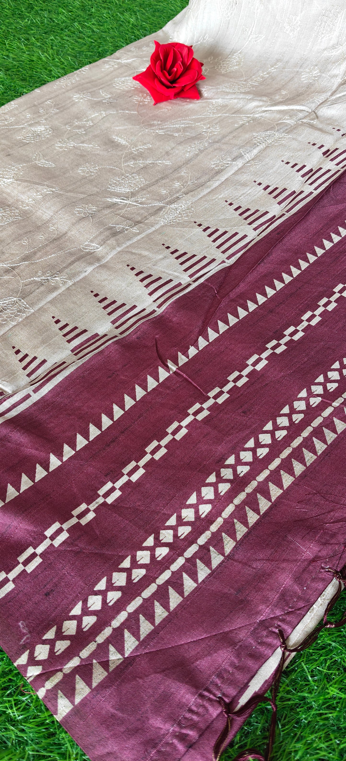 Cream Self Thread Embroidered Soft Silk Saree with Contrast Border
