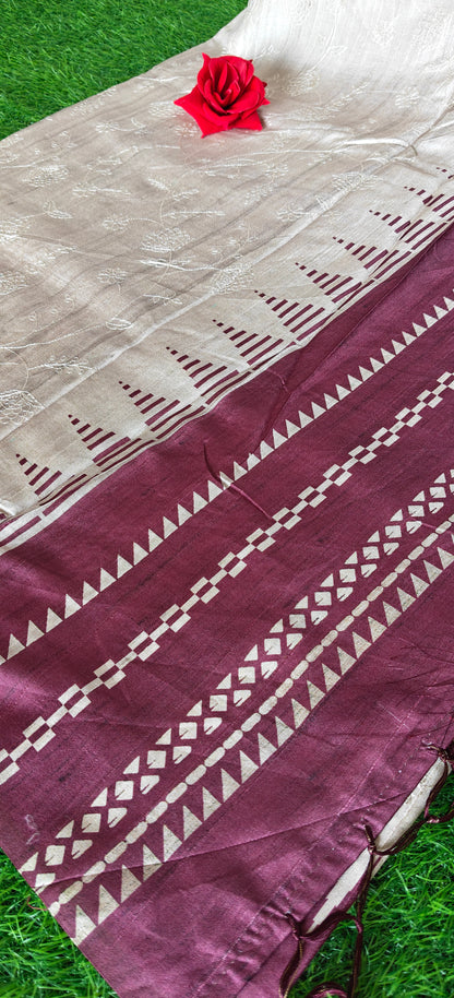 Cream Self Thread Embroidered Soft Silk Saree with Contrast Border