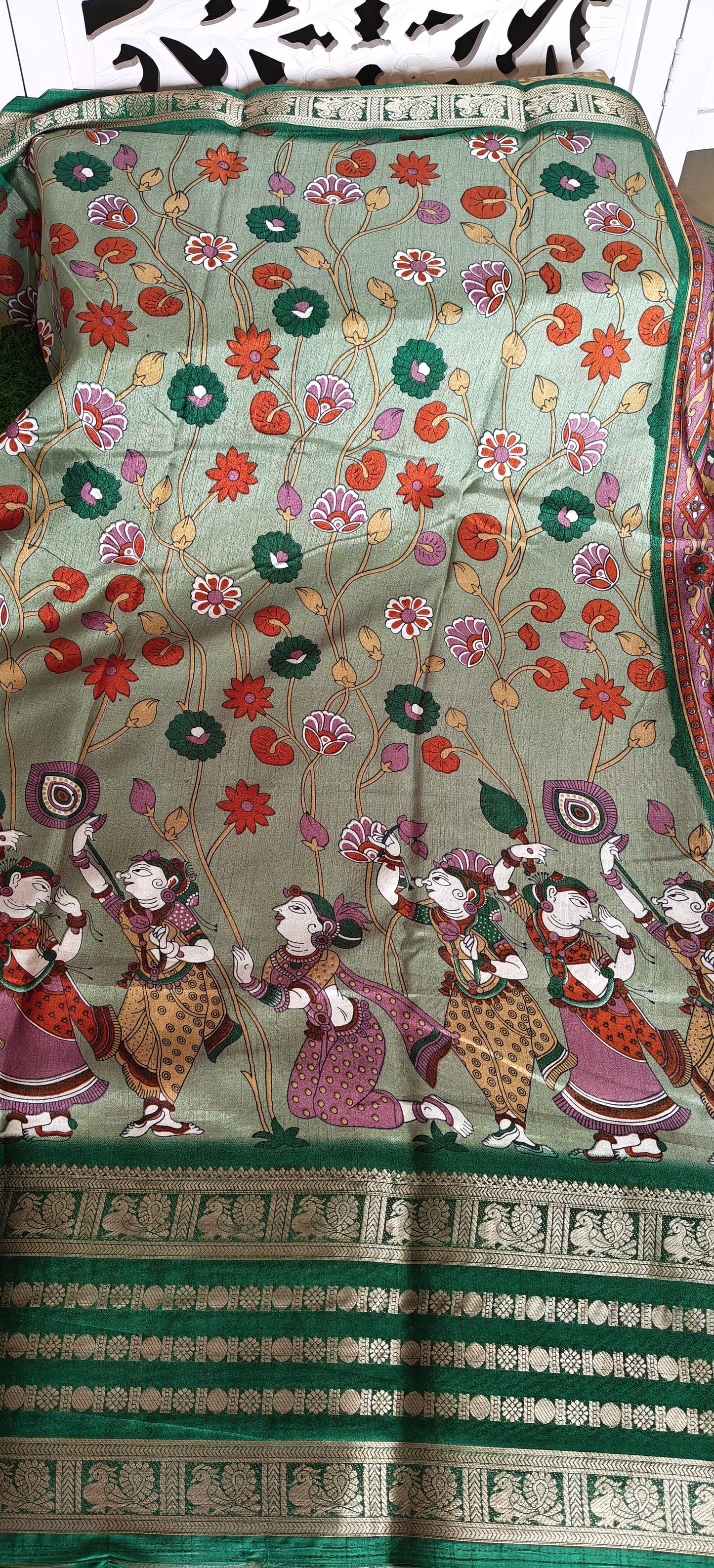 Green Kalamkari Print Semi Crepe Silk Saree