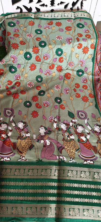 Green Kalamkari Print Semi Crepe Silk Saree