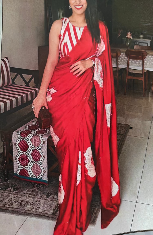 Red Italian crepe Silk Saree