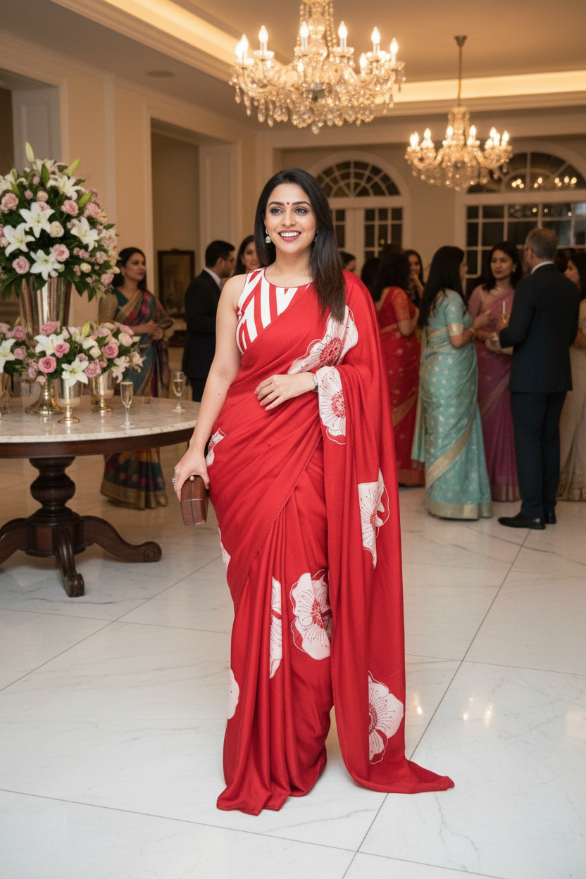 Red Italian crepe Silk Saree
