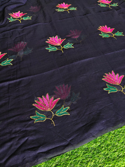 MulMul cotton dark blue colour thread embroidered Saree