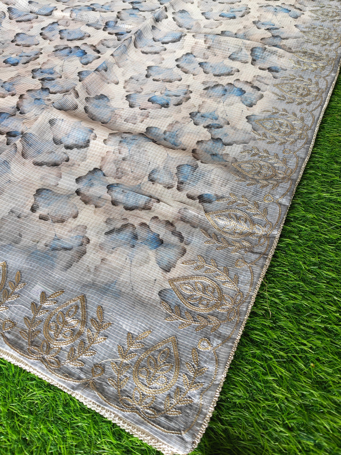 Grey Kota Cotton Silk Printed Saree with Zari Thread Embroidery & Contrast Blouse