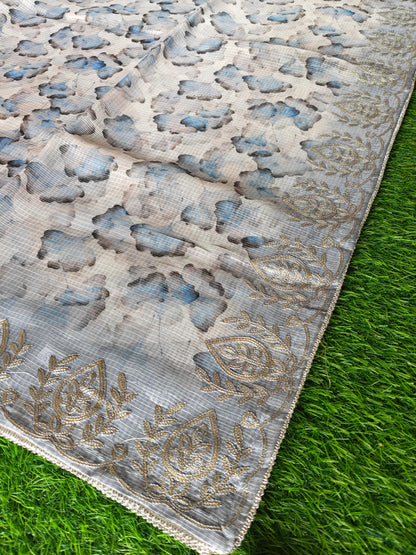 Grey Kota Cotton Silk Printed Saree with Zari Thread Embroidery & Contrast Blouse