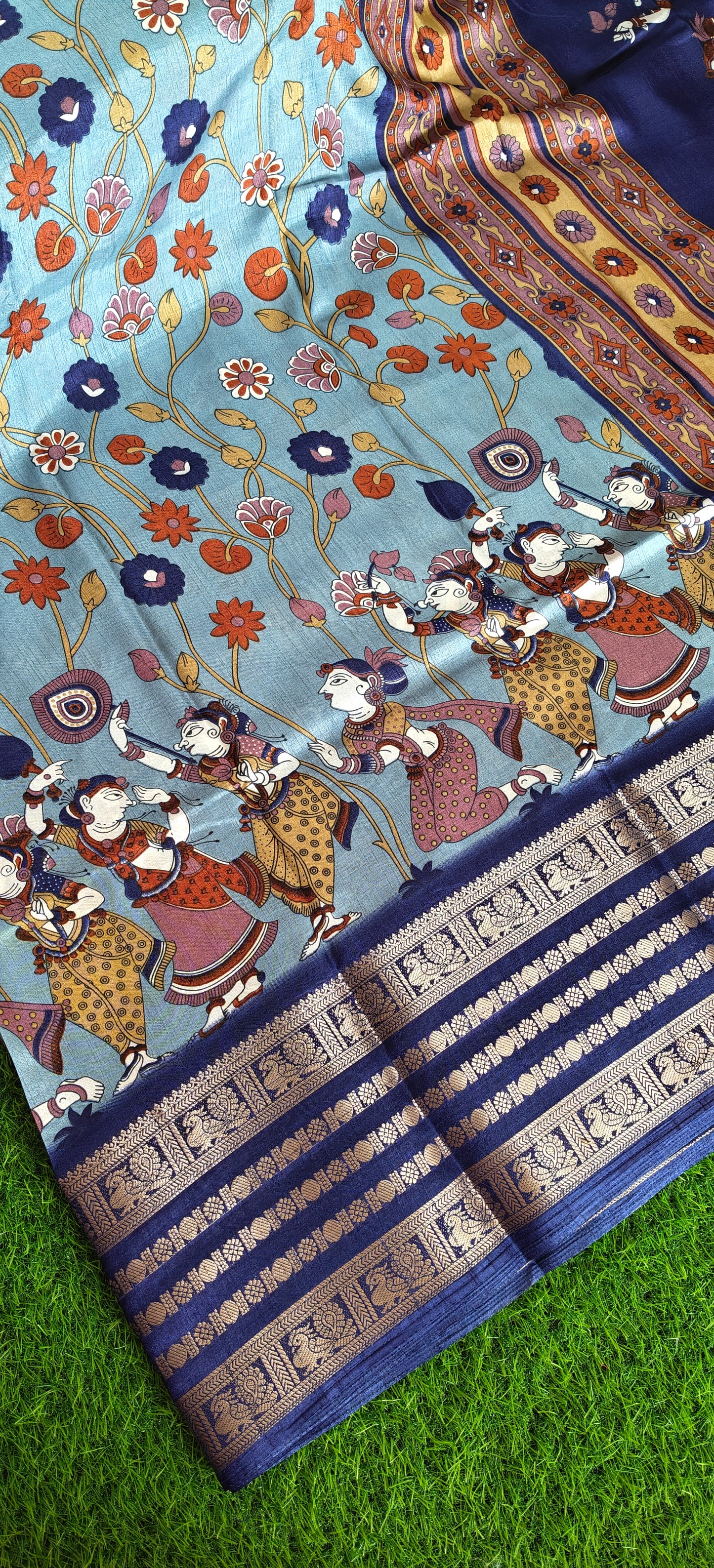 Blue Kalamkari Print Semi Crepe Silk