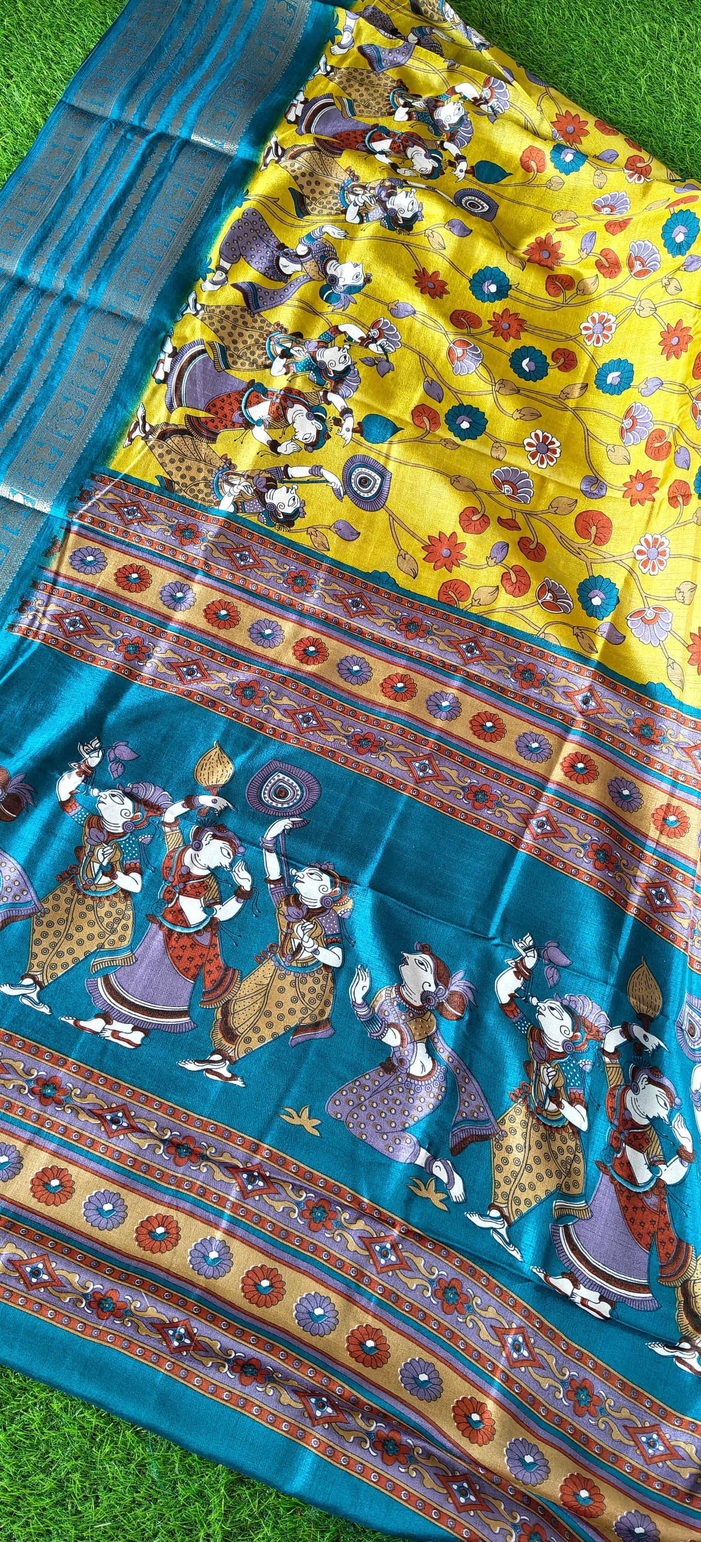 Yellow Kalamkari Print Semi Crepe Silk