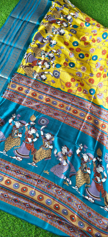 Yellow Kalamkari Print Semi Crepe Silk