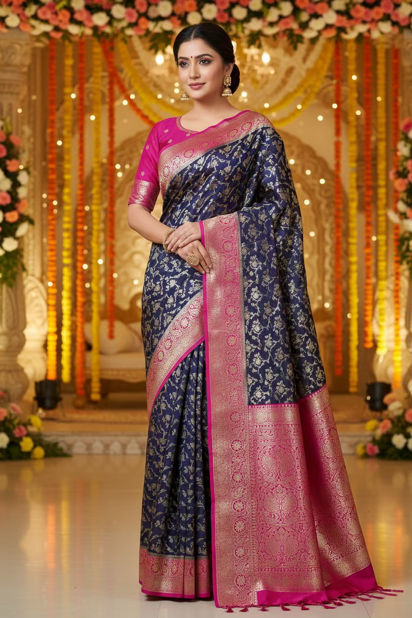 Dark blue Banarsi crepe Silk Saree