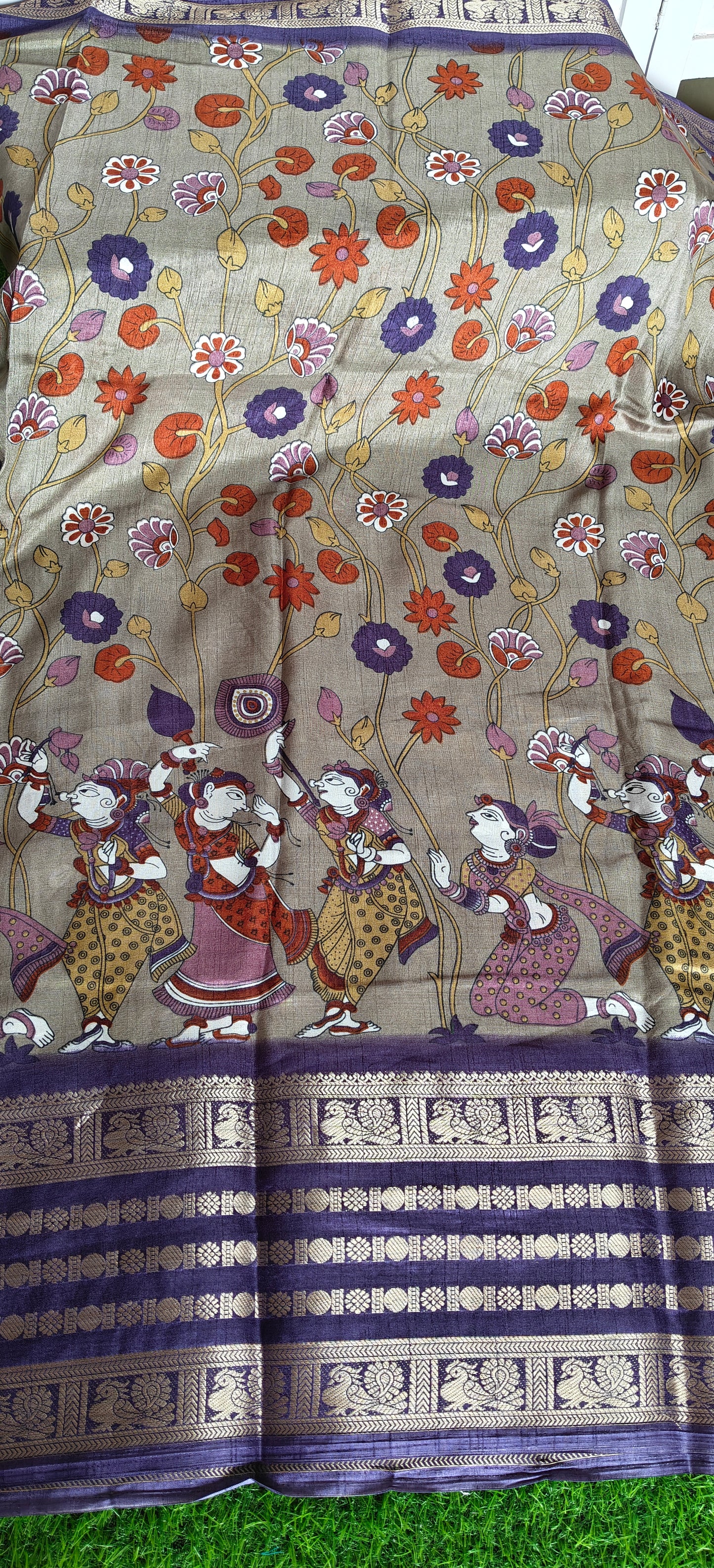 Purple Kalamkari Print Semi Crepe Silk