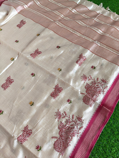 Cream Nandi Embroidered  Silk Saree