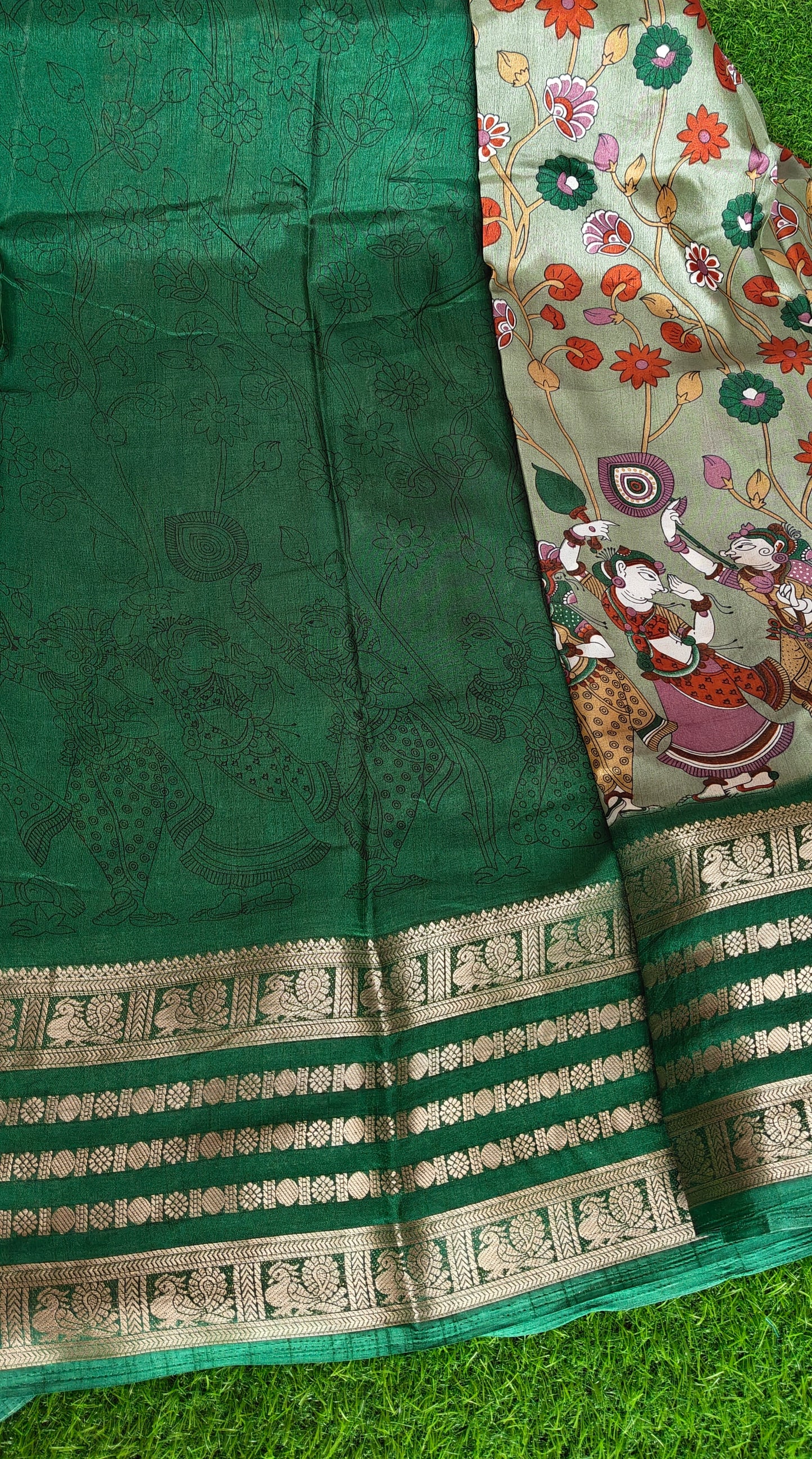 Green Kalamkari Print Semi Crepe Silk Saree