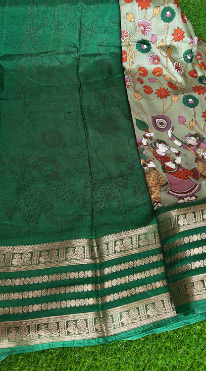 Green Kalamkari Print Semi Crepe Silk Saree