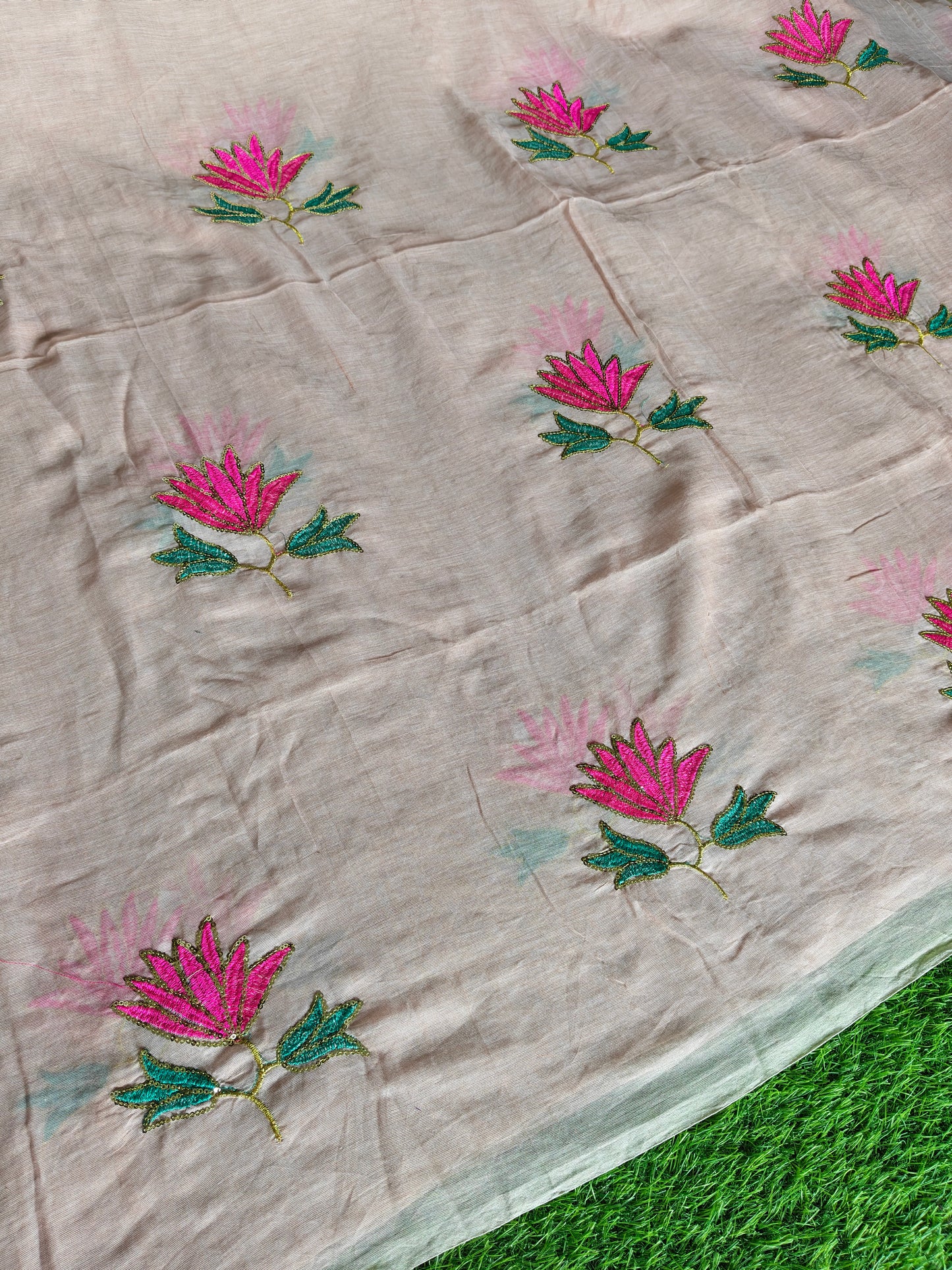 MulMul cotton light peach colour thread embroidered Saree