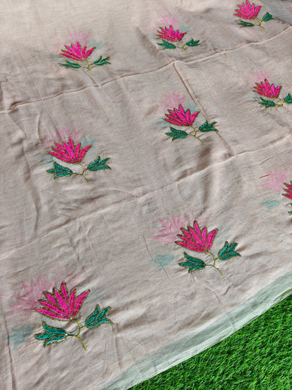 MulMul cotton light peach colour thread embroidered Saree
