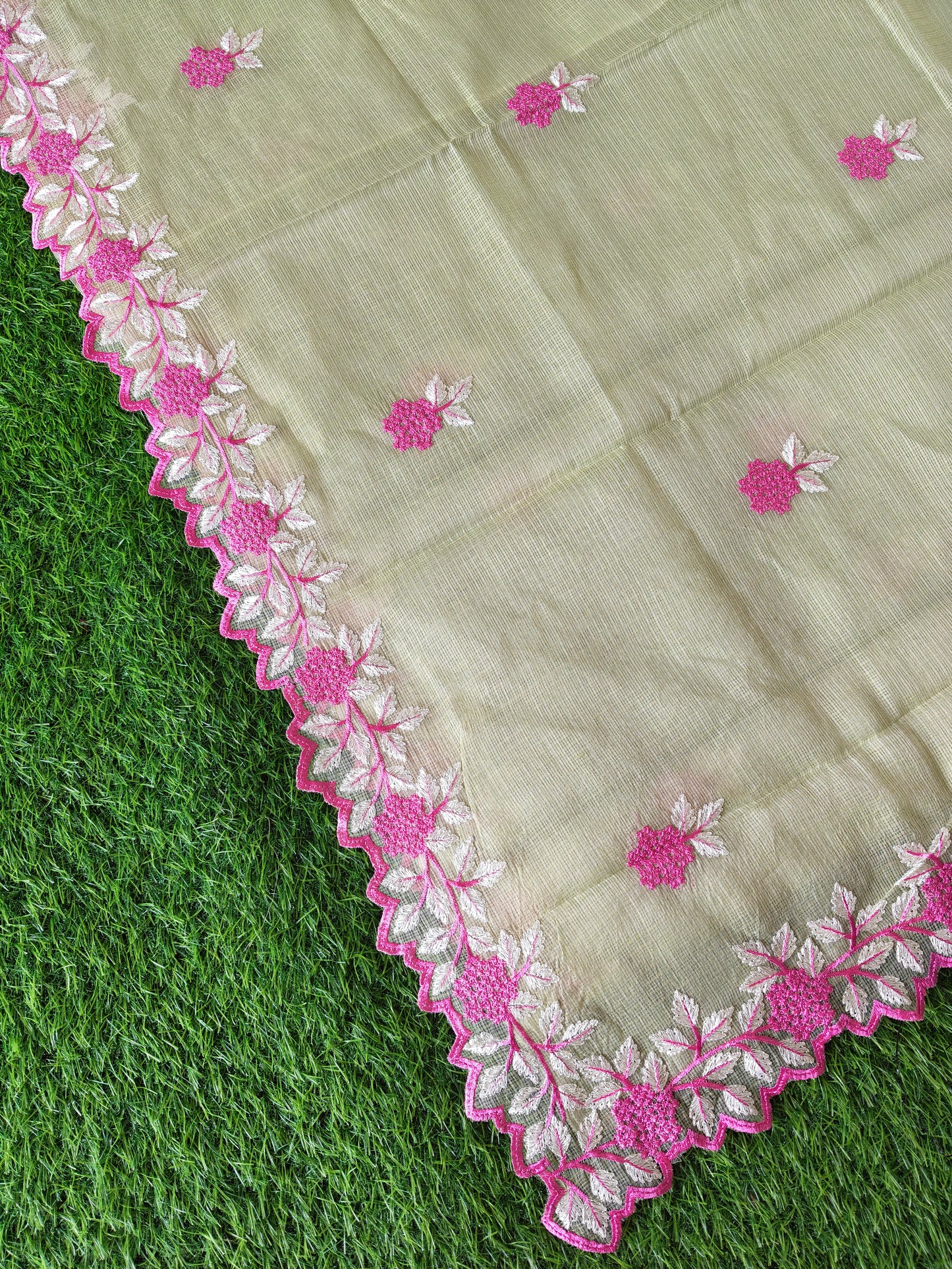 Kora cotton pista green  colour thread embroidered Saree (Copy)
