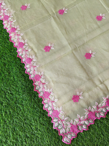 Kora cotton pista green  colour thread embroidered Saree (Copy)