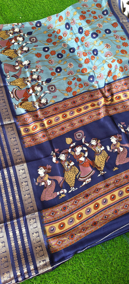 Blue Kalamkari Print Semi Crepe Silk