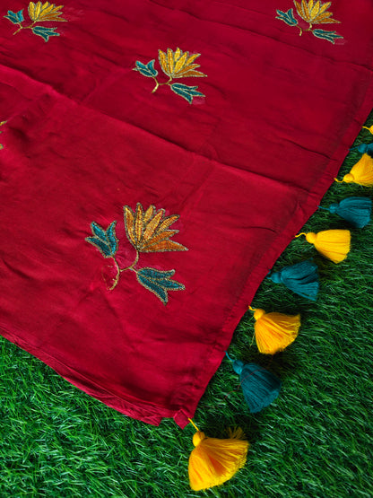 MulMul cotton Crimson Red colour thread embroidered Saree