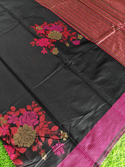 Black Cotton Saree with Thread Embroidery & Contrast Border | Elegant Traditional Saree