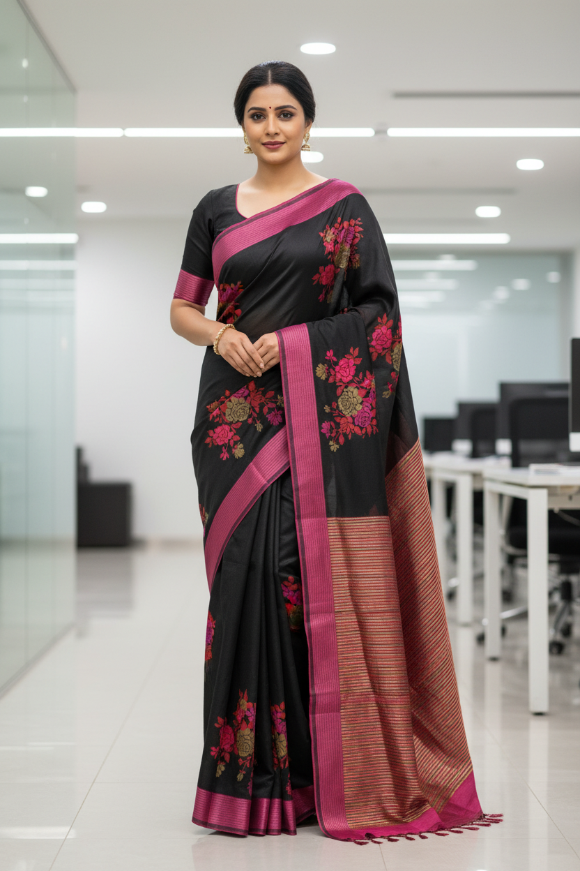 Black Cotton Saree with Thread Embroidery & Contrast Border | Elegant Traditional Saree
