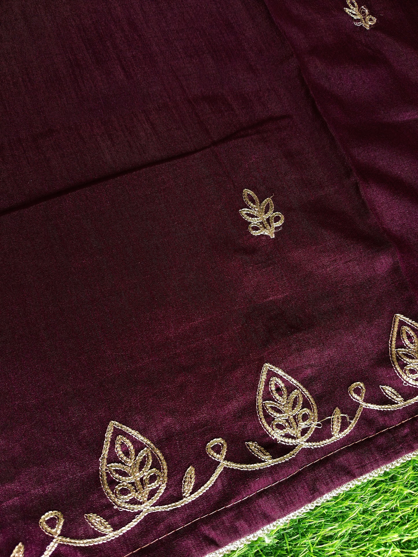 Earthy Brown Kota Cotton Silk Printed Saree with Zari Thread Embroidery & Contrast Blouse