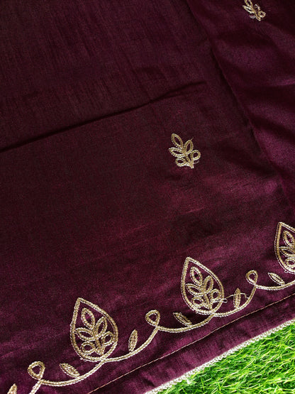 Earthy Brown Kota Cotton Silk Printed Saree with Zari Thread Embroidery & Contrast Blouse