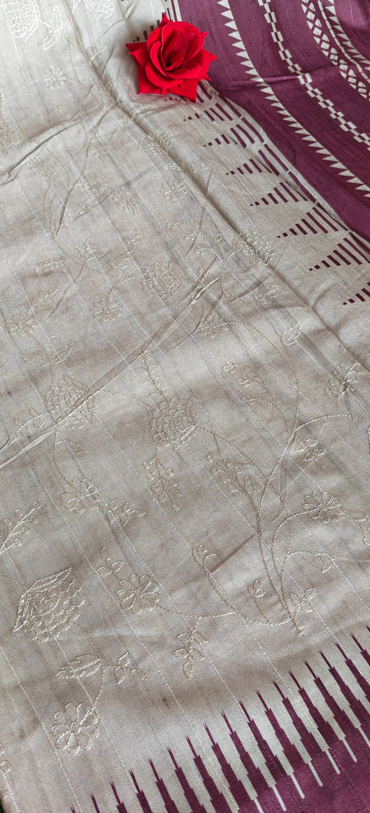 Cream Self Thread Embroidered Soft Silk Saree with Contrast Border