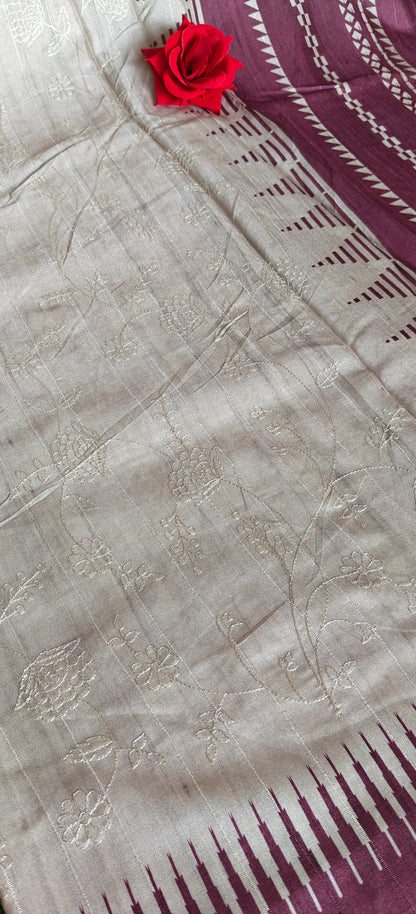 Cream Self Thread Embroidered Soft Silk Saree with Contrast Border