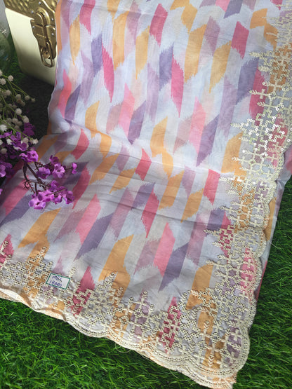 Multicolored Italian satin crepe Silk with contrast blouse Saree