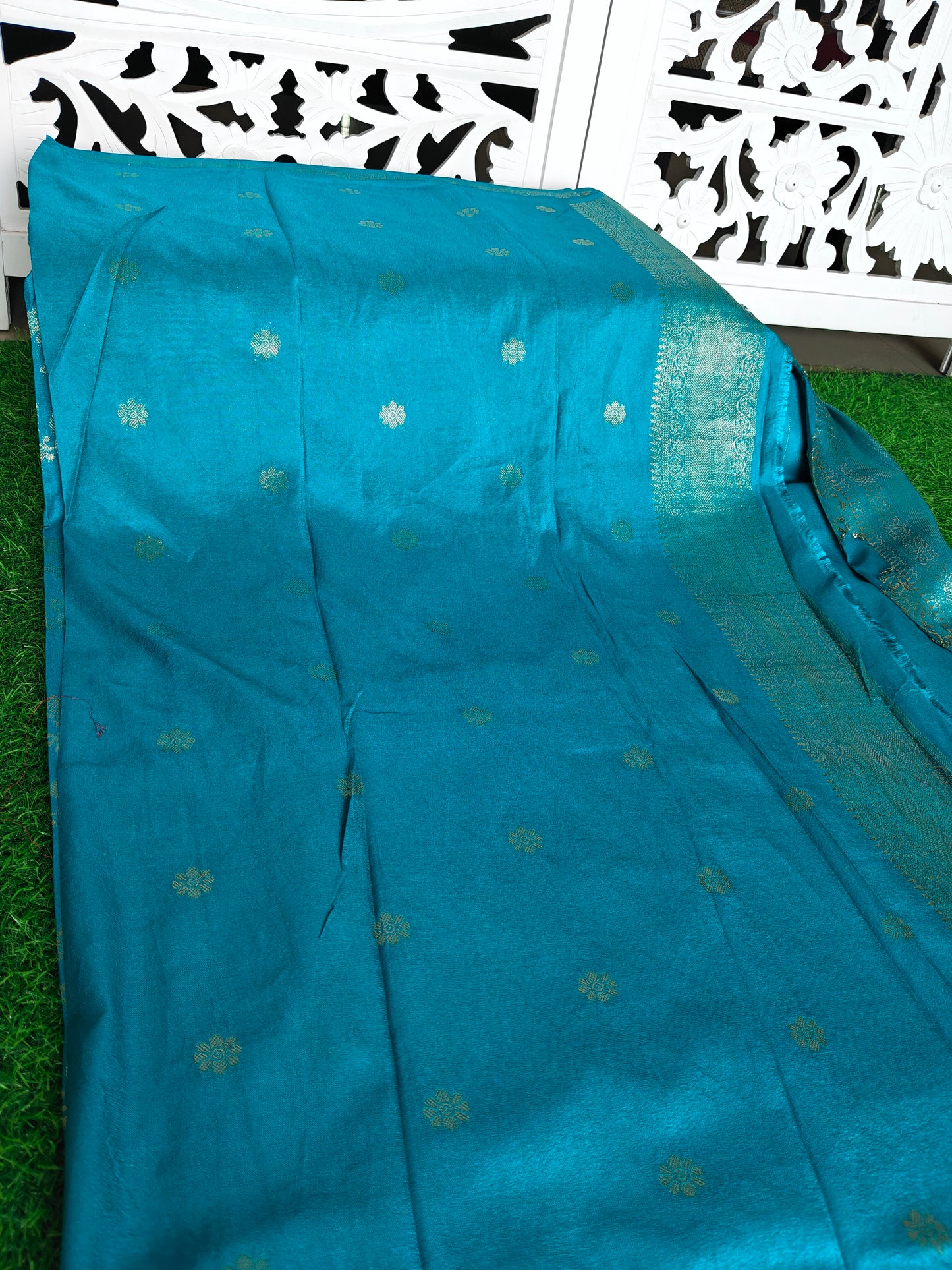 Grennish vlue Banarsi Silk Saree with gold weaving