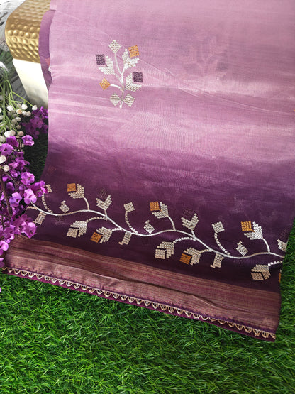 Double shaded dark wine & light wine color soft net thread embroidered saree