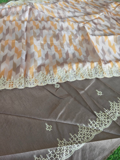Multicolored light brown Italian satin crepe Silk with contrast blouse Saree (Copy)