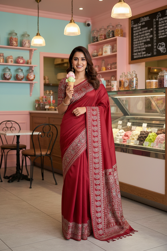 Red Italian Crepe Silk Saree with Paisley Printed Pallu & Designer Blouse | Lightweight Party Wear Saree