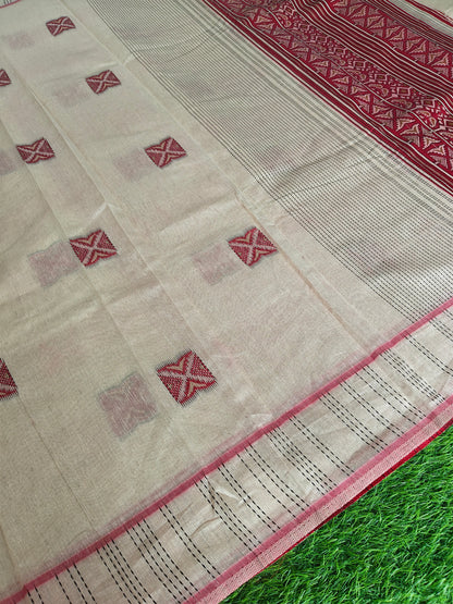Cream Cotton Saree with Red Thread Weaving | Soft Traditional Cotton Saree