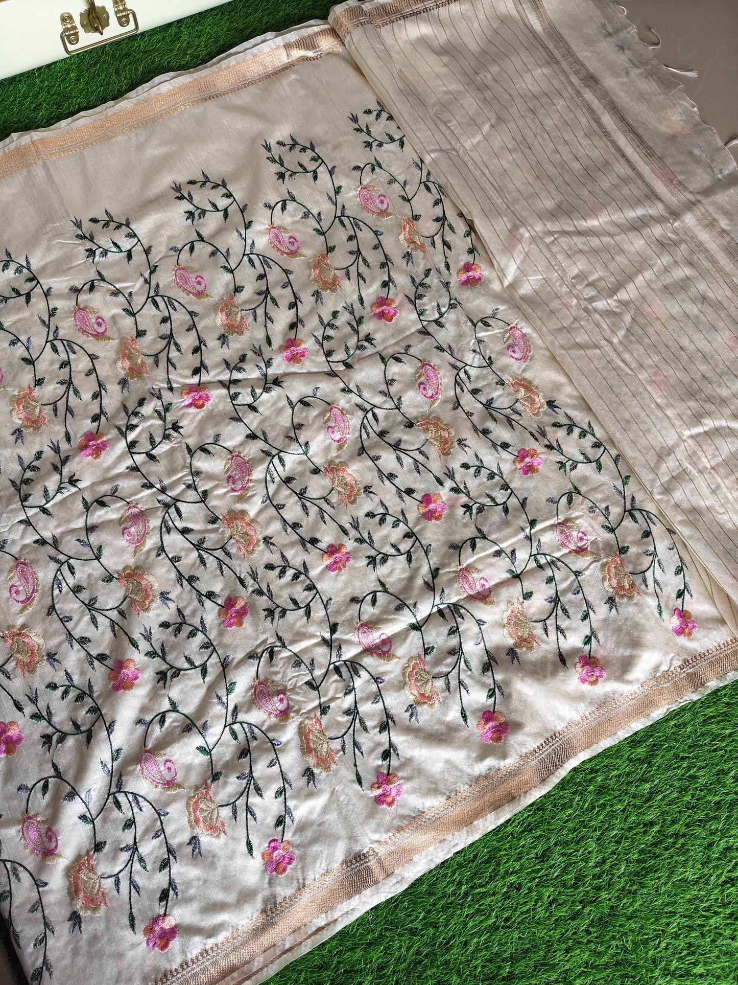 Cream colour Tusser silk multi colour thread embroidered