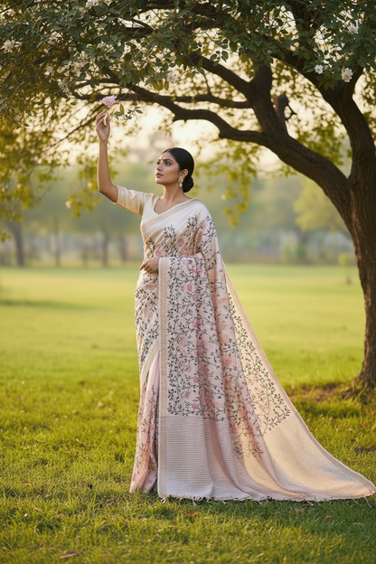 Cream colour Tusser silk multi colour thread embroidered