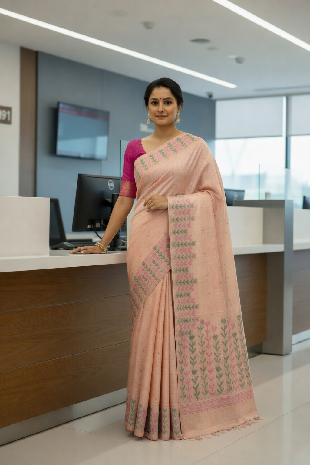 Peach Embroidered  Cotton Saree