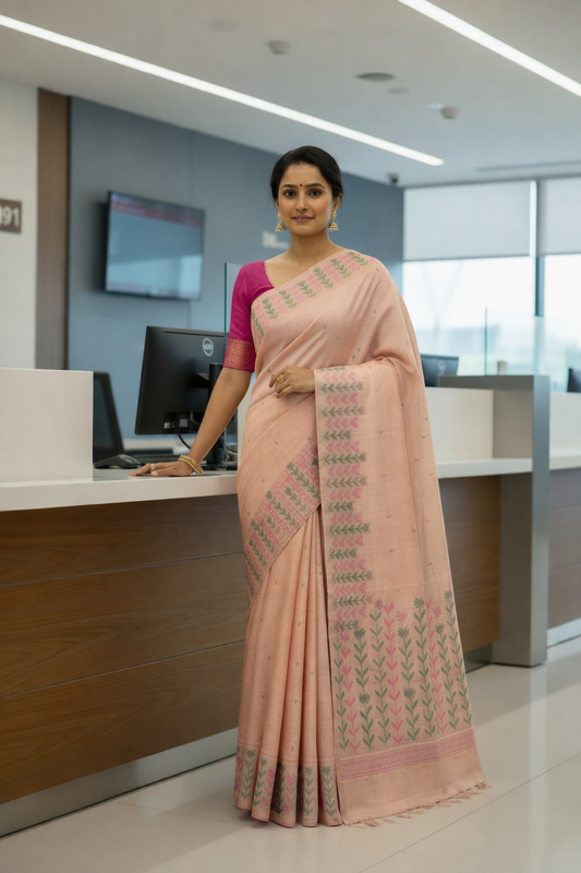 Peach Embroidered  Cotton Saree