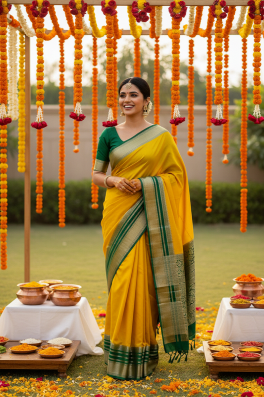 Yellow Semi Crepe Silk Saree with Contrast Border
