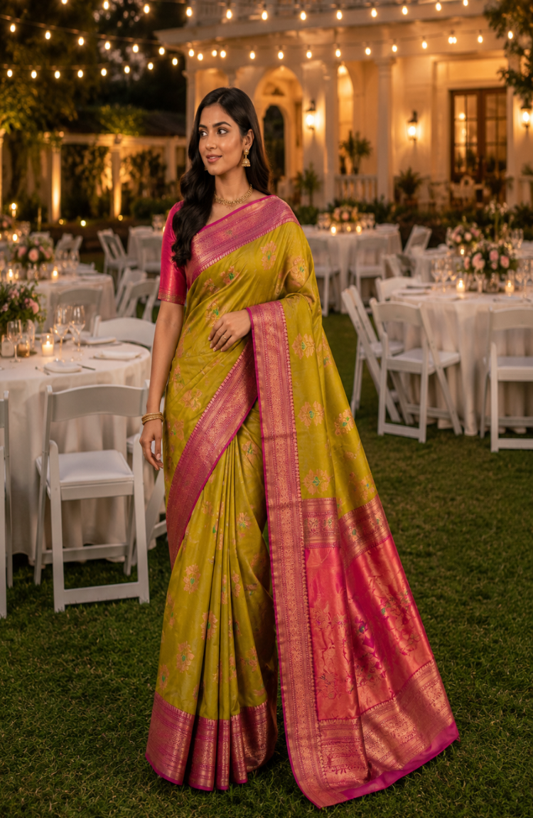 Double shades mehndi green colour ,contrast rani pink border n pallu saree