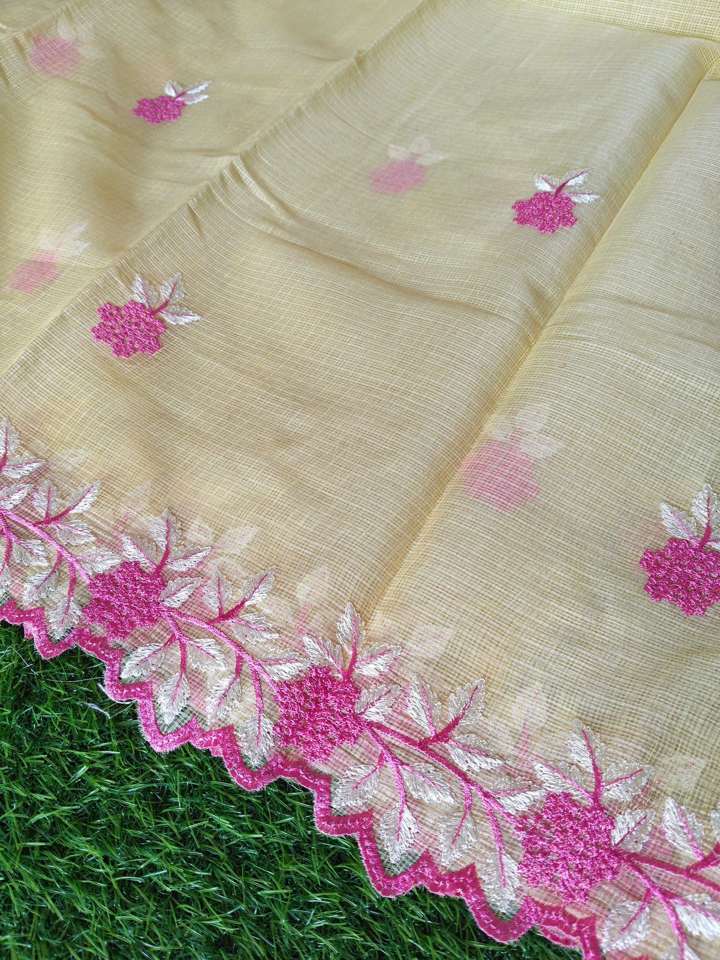 Kora cotton yellow  colour thread embroidered Saree