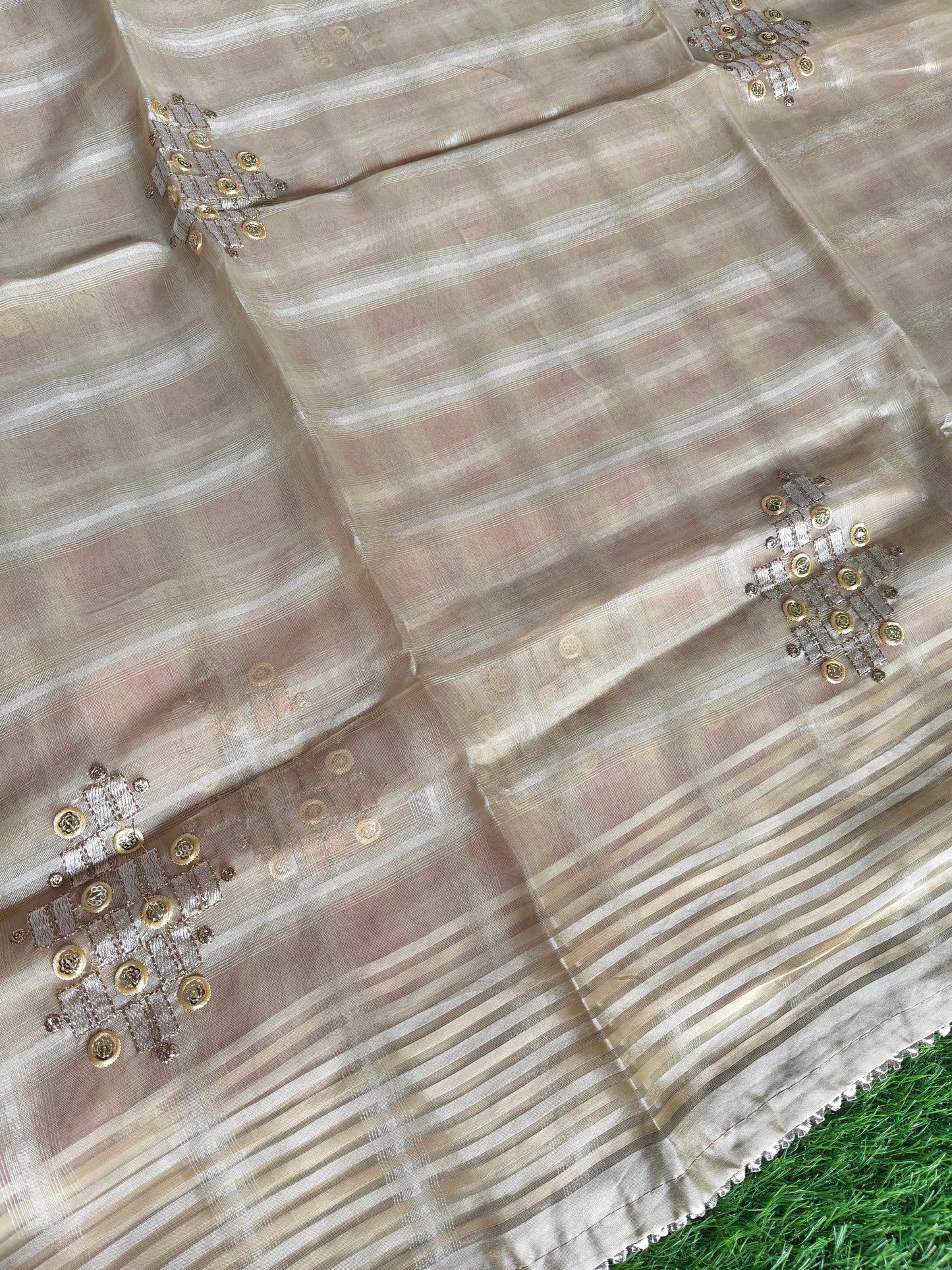 light beige tissue Silk with contrast red blouse
