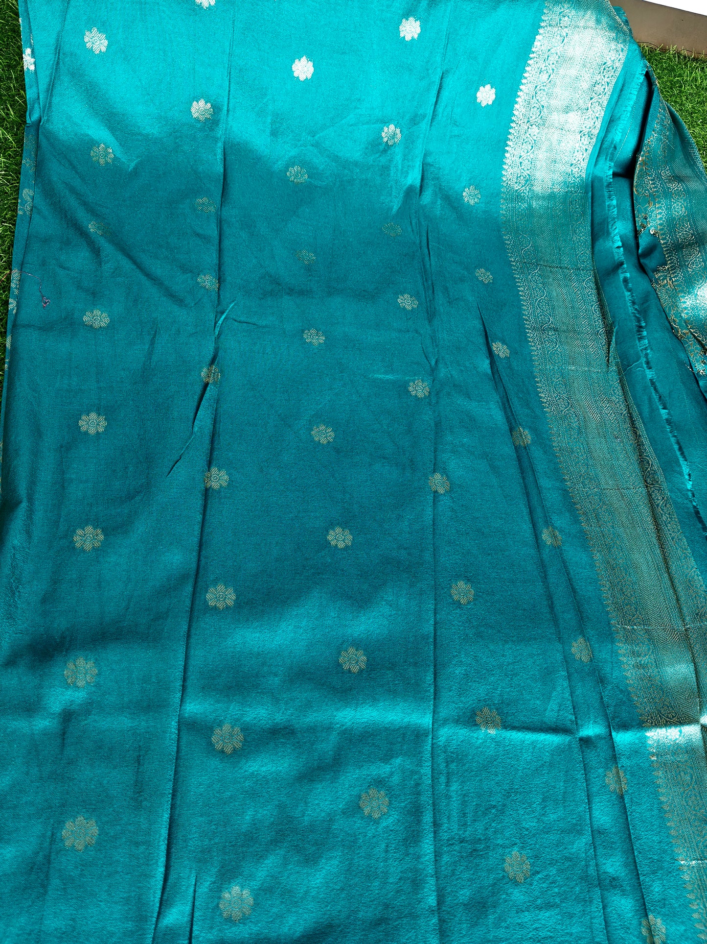 Grennish vlue Banarsi Silk Saree with gold weaving