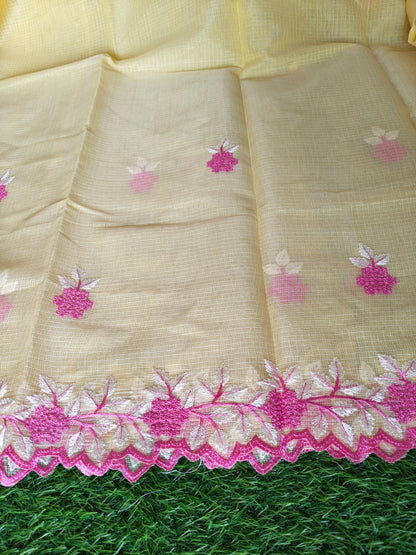 Kora cotton yellow  colour thread embroidered Saree