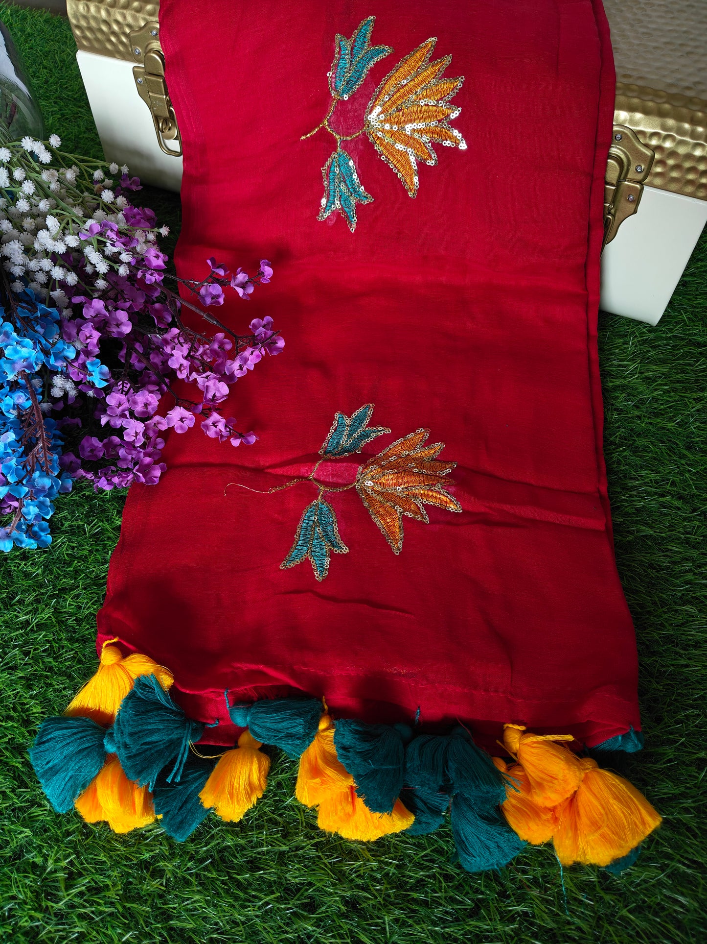 MulMul cotton Crimson Red colour thread embroidered Saree