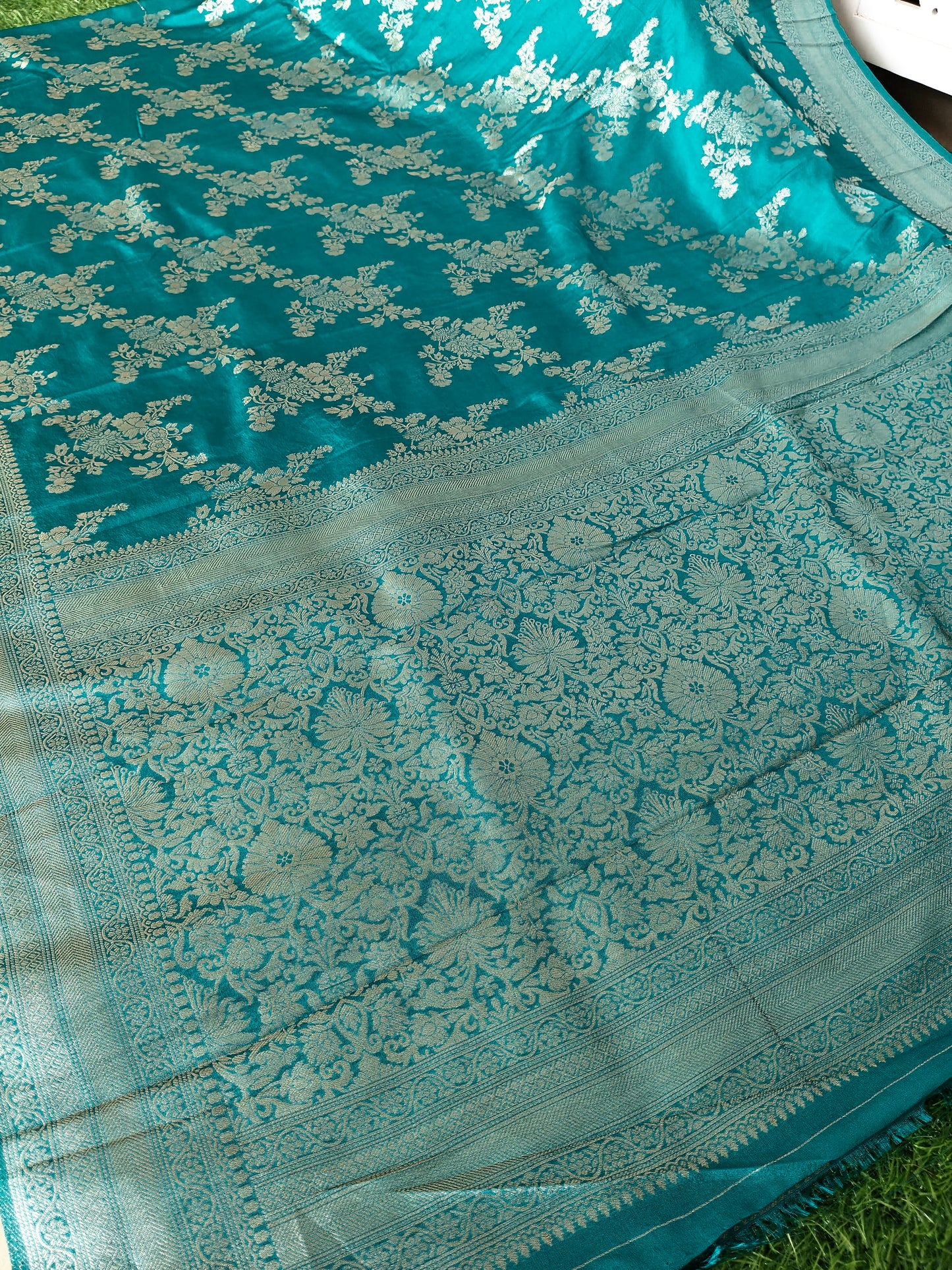 Grennish vlue Banarsi Silk Saree with gold weaving